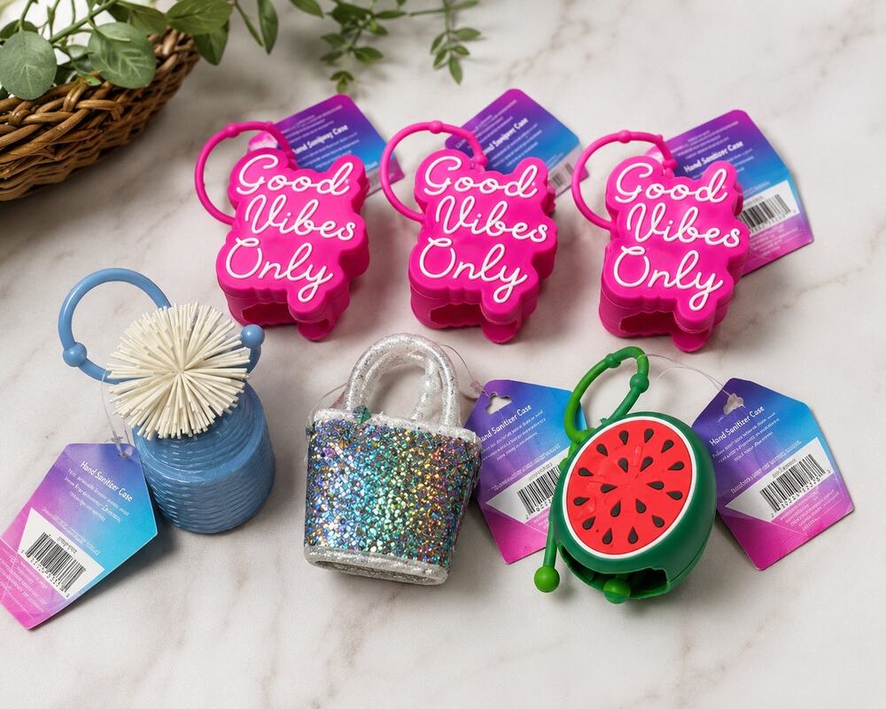 Lot of 6 Hand Sanitizer Holder Cases | Good Vibes, Watermelon, Purse & Pom Pom